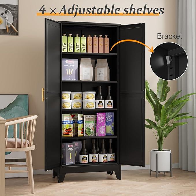 Black Pantry Storage Cabinet,71" Kitchen Pantry with Doors and 4 Adjustable Shelves, Metal Storage Cabinet, for Office, Home, Garage, School - NeatNest