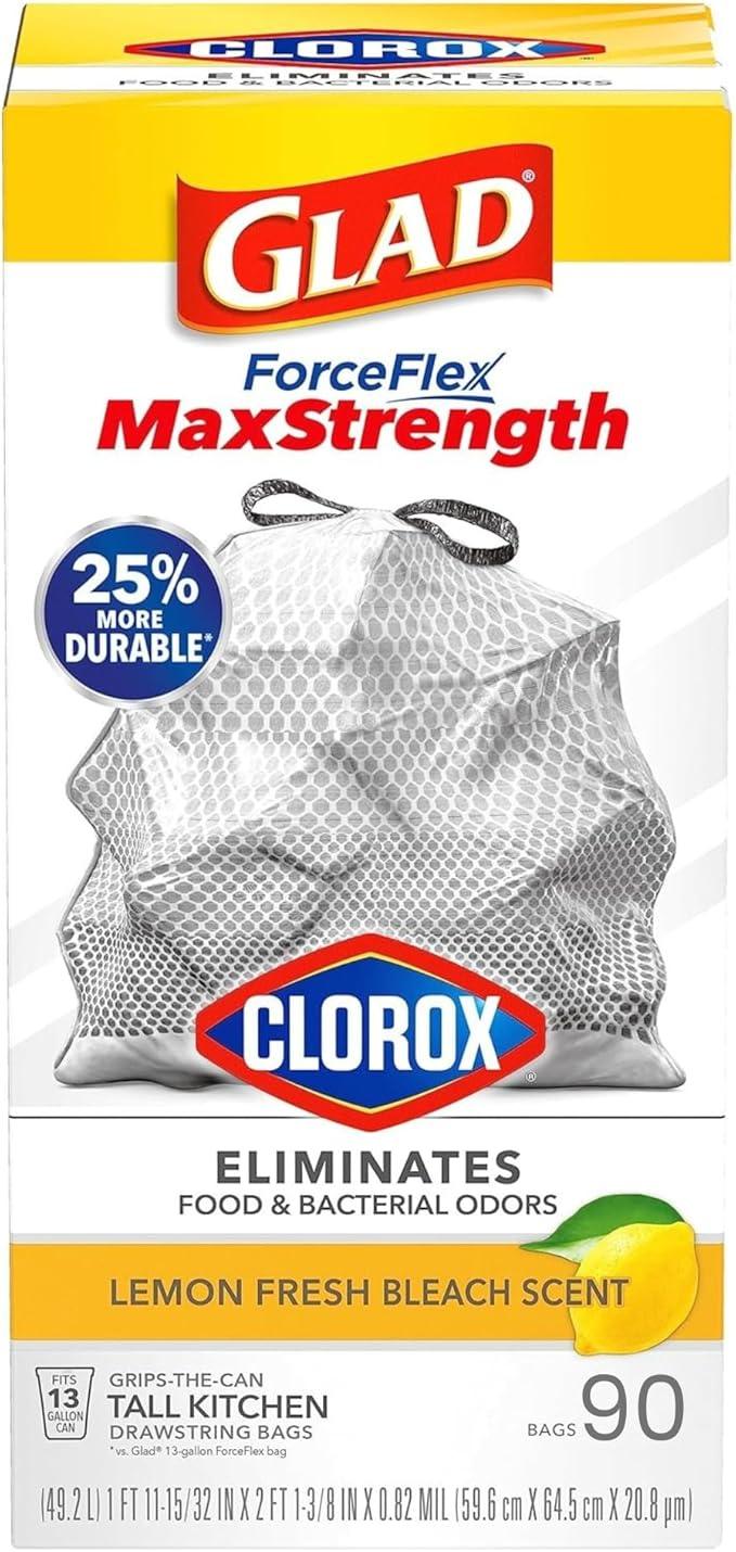 Glad ForceFlex MaxStrength Kitchen Drawstring Bags with Lemon Fresh Bleach Scent 13 Gal 90 Bags - NeatNest