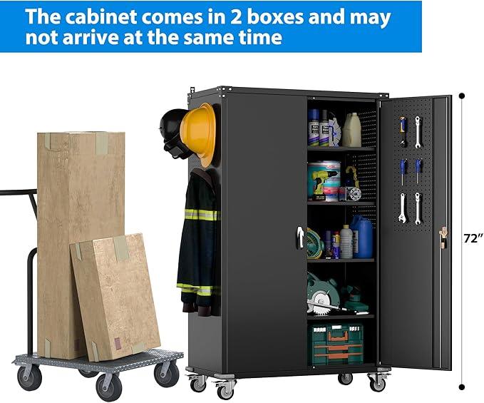 2025 Upgraded Wide & Deep Garage Storage Cabinet with Wheels, Lockable Metal Storage Cabinet with Pegboards and 9 Hooks, 2 Tool Pouches for Garage,4 Adjustable Shelves (Black,43''W x 22''D x 72''H) - NeatNest