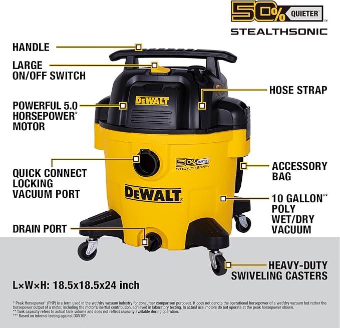 DEWALT 10 Gallon Stealthsonic Wet/Dry Vacuum, 5 Peak HP Ultra-Quiet Shop Vac with Full Accessory Kit & 6 Bonus Dust Bags, 1-7/8 in. x 7 ft. Hose for Job Sites, Workshops & Garages - NeatNest