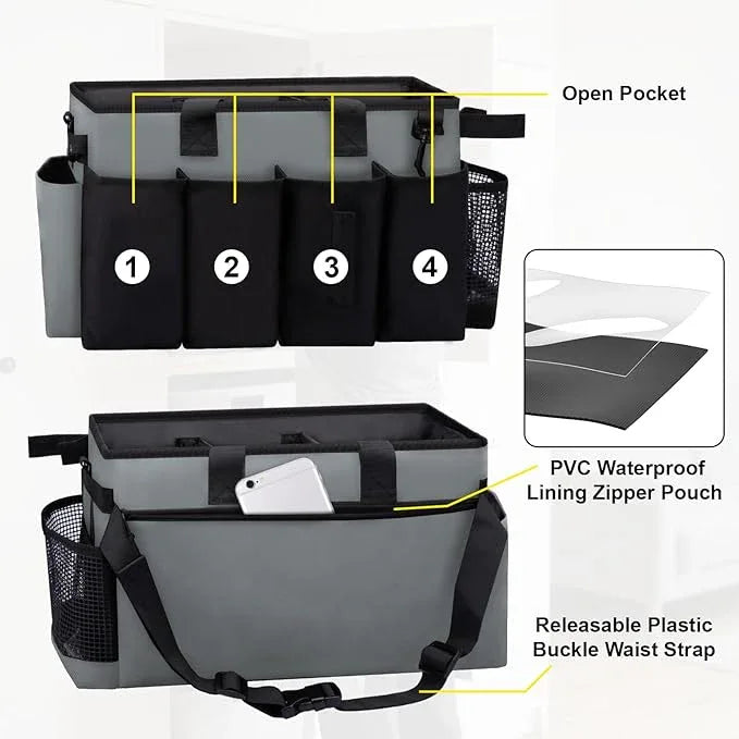 Wearable Large Cleaning Caddy Bag for Housekeeper, Clean Supply Organizer with Adjustable Shoulder, Waist & Handle Straps, Detailing Bag for Kitchen Supplies (Black&Gray) - NeatNest