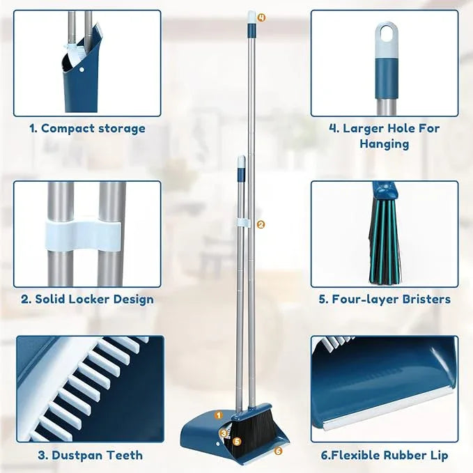 Standing Dustpan and Broom Set with 52" Long Extendable Handle for Home, Indoor, Kitchen Room Office Lobby Floor Cleaning - NeatNest