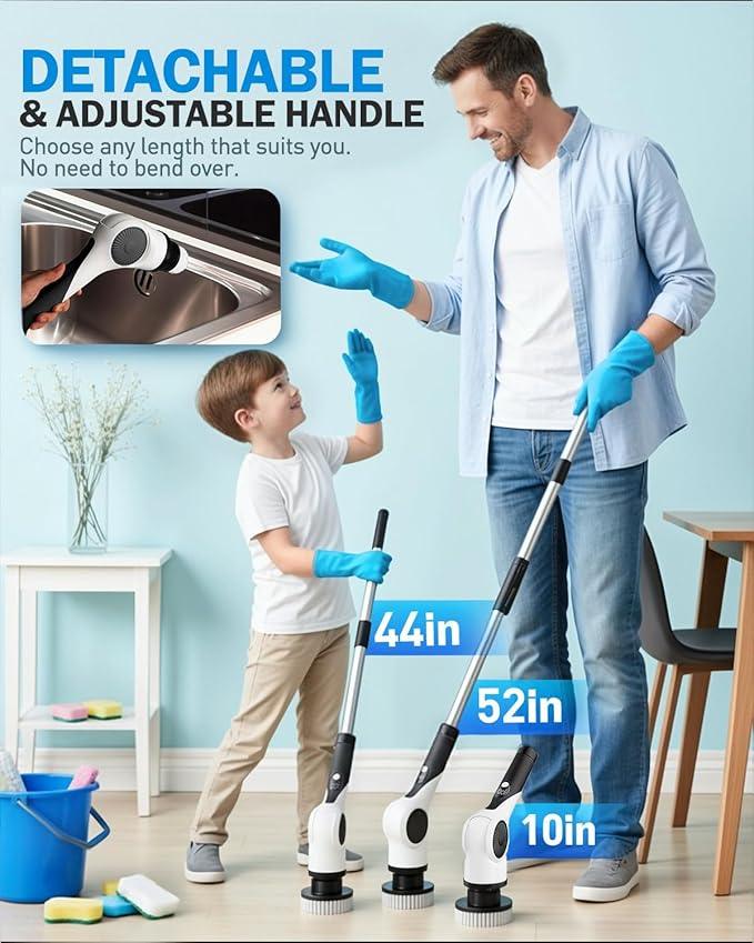 Electric Spin Scrubber, 3-Speed Cordless Shower Scrubber with 90° Adjustable & 10 Replaceable Brush Heads, 90 Mins Runtime & Full-Body IPX7 Waterproof Shower Cleaner Brush with Long Handle - NeatNest
