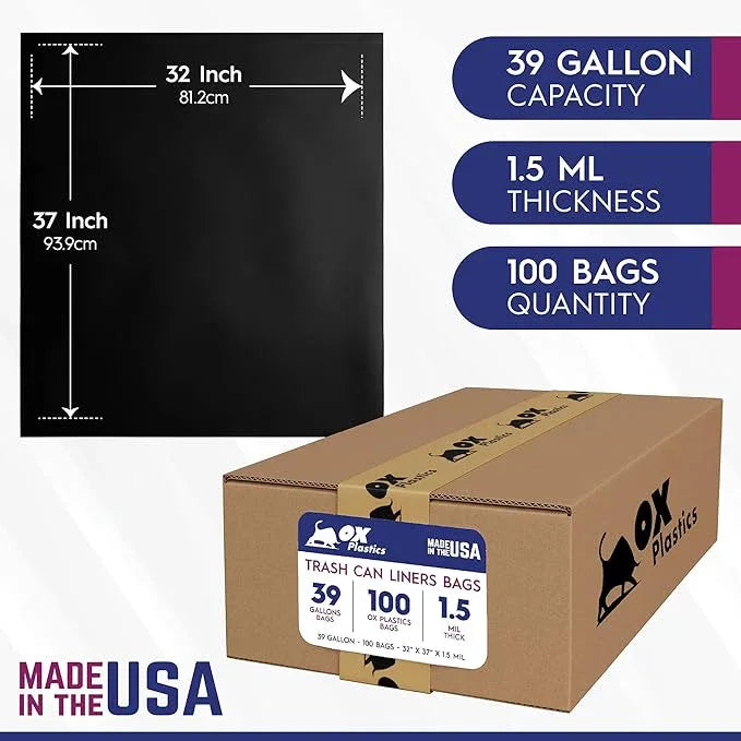 OX Plastics Black Trash Bags - Heavy Duty Garbage Bags, Extra Thick Unscented Large Trash Can Liners for Home, Outdoor, and Commercial Use - 39 Gallon, 100 Count - NeatNest