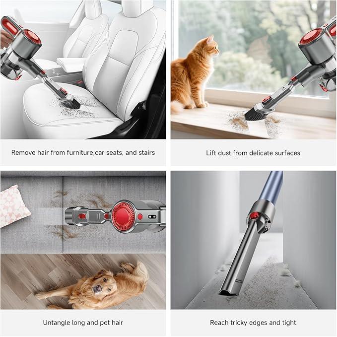 Cordless Vacuum Cleaner for Home, Powerful Stick Vacuum with Rechargeable Battery, Green Light Anti-Tangle Brush, 6-in-1 Lightweight Handheld Vacuum for Pet Hair, Hard Floor, Carpet, Red - NeatNest