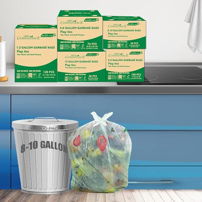 8-10 Gallon Flap Tie Compostable Trash Bags, 240 Count, Compost Bags Kitchen Trash Bags, Sturdy Biodegradable Garbage Bags Food Scrap Waste Bags, ASTM D6400, US BPI Certified, Green - NeatNest