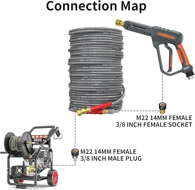 Pressure Washer Hose 125ft, 1/4 Inch Kink Resistant 4200PSI Power Washer Extension Hose, Flexible Heavy Duty Replacement Hose, Compatible with M22 14mm Fittings, High Tensile Wire Braid - NeatNest