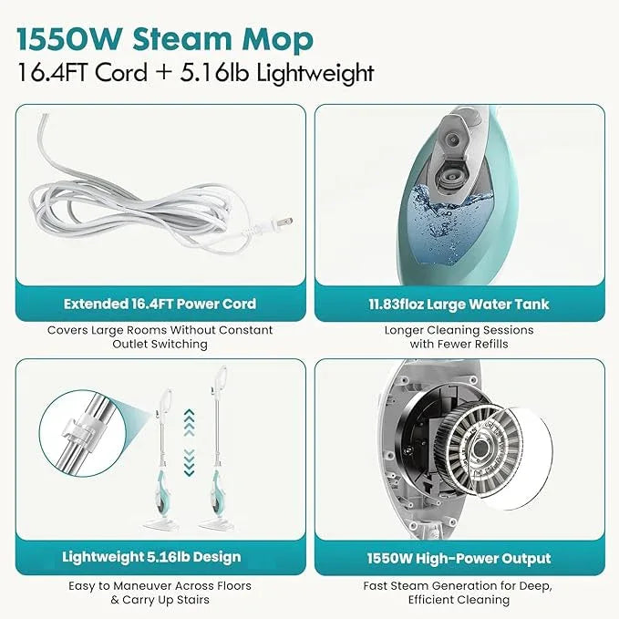 Steam Cleaner for Home, Handheld Floor Steamer Cleaner, Lightweight All in 1 Steam Mop Detachable Steamer for Hardwood Floor Tile Couch, 2 Washable Pads, 1550W 212°F Deep Cleaning, White and Green - NeatNest