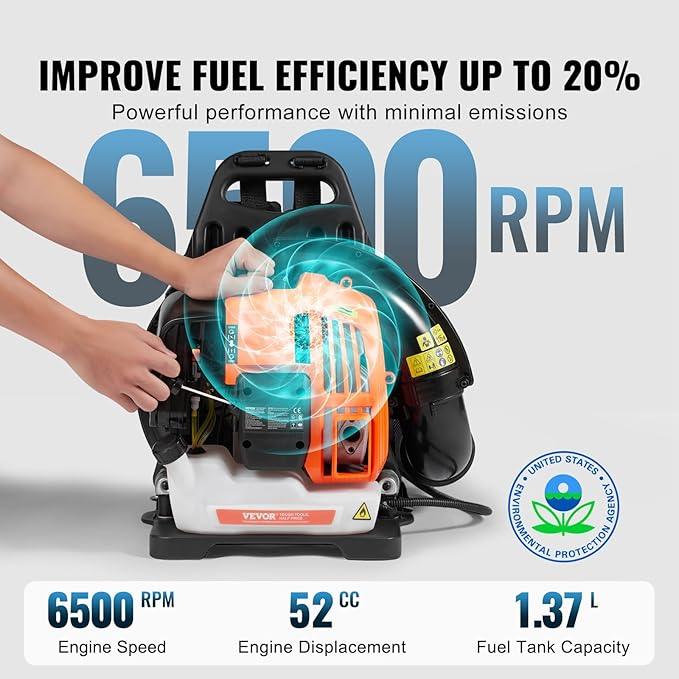 VEVOR Backpack Leaf Blower, 52CC 2-Cycle Leaf Blower with 1.37L Fuel Tank, 480CFM Air Volume 175MPH Speed, Ideal for Lawn Care, Leaf Cleaning, and Snow Removal - NeatNest