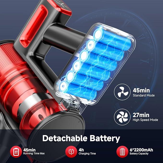 Cordless Vacuum Cleaner for Home - Lightweight, Stick Vacuum Clean with Rechargeable Battery, Max 45Mins Runtime, 8 in 1 Handheld Vacuum for Hardfloor & Carpets Pet Hair, Red&Black - NeatNest
