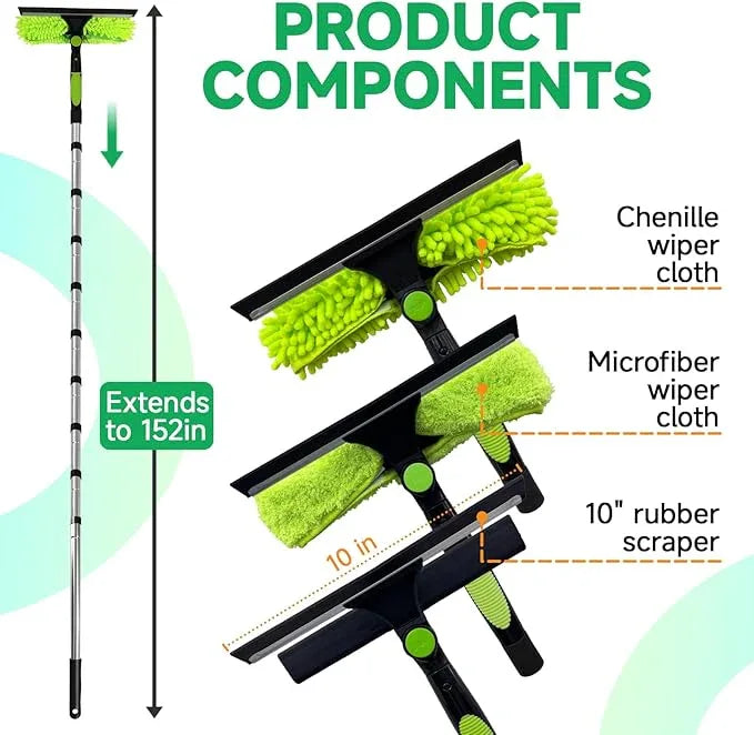 Professional 152" Window Squeegee Cleaner Tool with Extension Pole, 2-in-1 Squeegee for Window Cleaning Kit with Scrubber and Rotating Head, Window Cleaner for Car, Sliding Door, Shower Glass Door - NeatNest