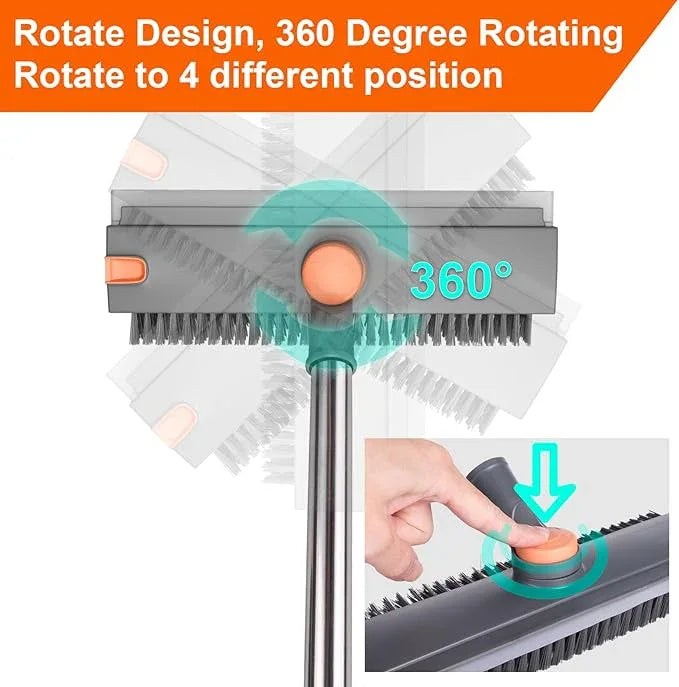 Floor Scrub Brush with Long Handle, BITOPE 3 in 1 Stiff Bristles Deck Brush 360° Rotating Floor Scrubber with Squeegee, Tweezer for Clean Patio, Deck, Tile, Concrete, Balcony Outdoor - NeatNest