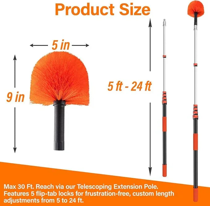 30FT Cobweb Duster with Extension Pole - High Reach Duster for High Ceilings & Outdoor Use - Telescoping Pole 5-24 Ft, Soft Bristles Cobweb Cleaner - 3/4" Acme Universal Thread - NeatNest