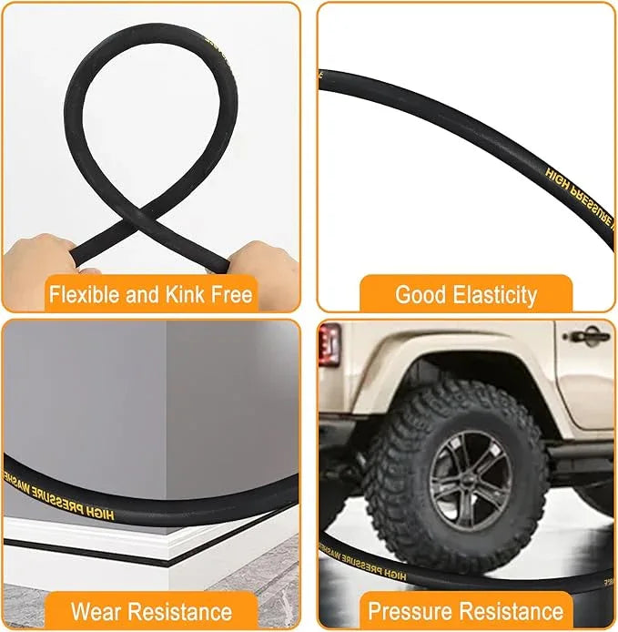 3/8" Pressure Washer Hose 100ft -Black 4800 PSI Kink Resistant Steel Wire Braided Industrial Grade Power Washer Hose for Hot/Cold Water up to 248°F with 2 M22 14mm Quick Connect Ends and Adapters Kits - NeatNest