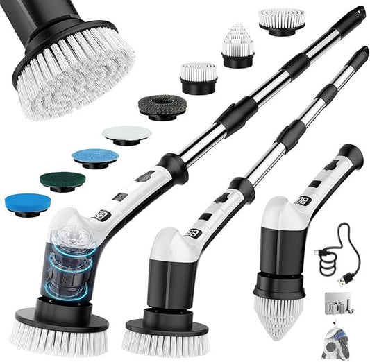 Electric Spin Scrubber with 3 Speed, Adjustable Extension Handle, 8 Brush Heads,Cordless Power Cleaning Brush for Bathroom, Tile, Kitchen-Black - NeatNest