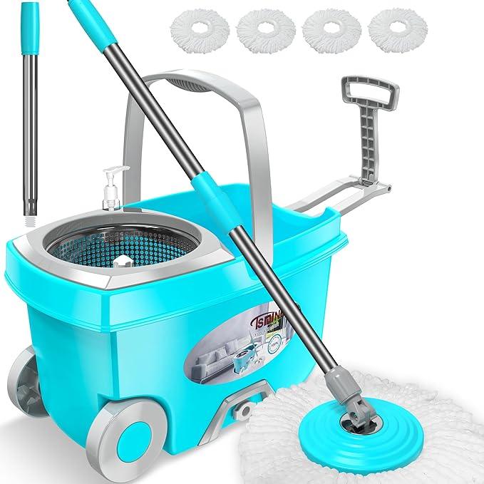 FunClean Spin Mop and Bucket,Mop and Bucket with Wringer Set for Home,360 Spinning Mopping Floor Cleaning Tool with 4 Microfiber Replacement Head Refills,61" Extended Handle, 2X Wheel - Blue - NeatNest
