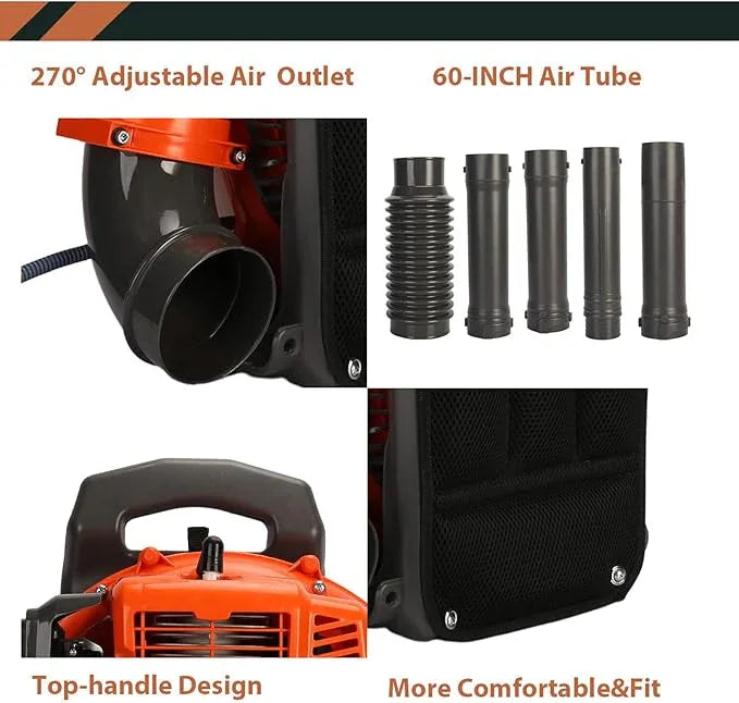 63CC Backpack Leaf Blower Gas Powered, 3HP 2-Stroke Engine, 665CFM High Velocity Air Cooling System, Adjustable Backpack Blowers Gas for Lawn, Garden, Yard, Snow, Gutter Cleaning (Flame Red) - NeatNest