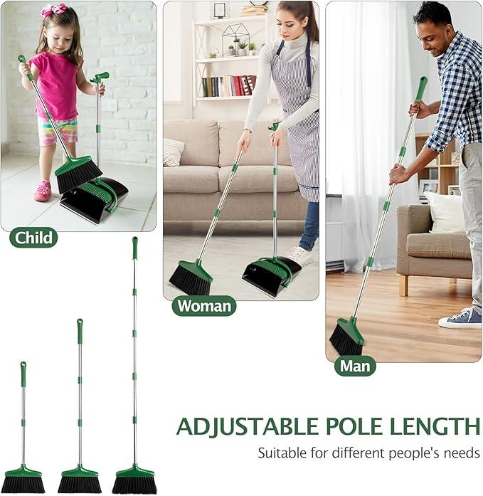 Broom and Dustpan Set with Long Handle, Light Weight Stainless Steel Poles Stand Upright Dustpans with Broom Combo for Home Kitchen Office Pet Dog Hair, 1-Pack(Black Green) - NeatNest