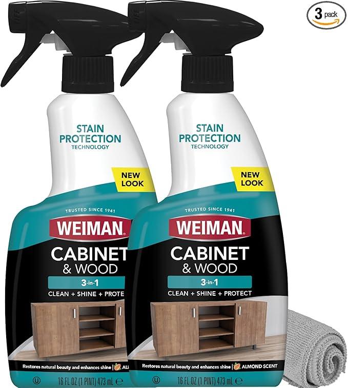Weiman Cabinet and Wood Cleaner, Shine, Clean and Protect Spray - For Wood Cabinets, Furniture, Tables, Baseboards, Trim and more, 16 oz, 2 PACK with MicroFiber Towel - NeatNest
