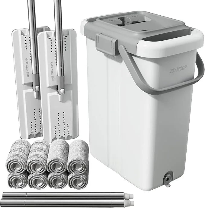 JOYMOOP Mop and Bucket with Wringer Set for Floor Cleaning and Wall Cleaner, Flat Mop and Bucket System Set with 2 Mops and 8 Large Microfiber Pads - White - NeatNest