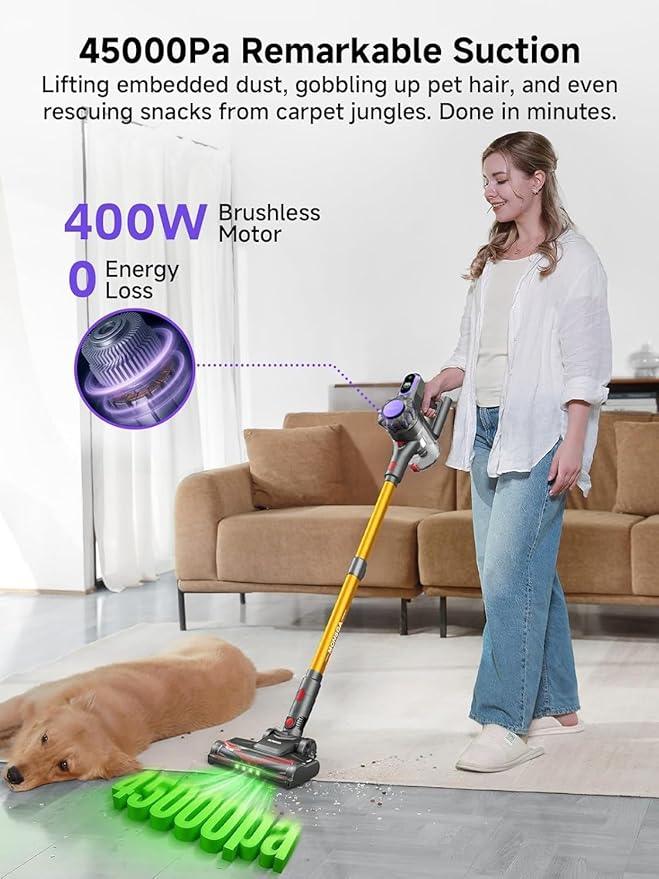 MONSGA Cordless Vacuum Cleaner, 45KPa 400W Stick Vacuum for Home, 50Mins Anti-Tangled Vacuum Cleaner with Charging Dock, Light-Weighted Handheld Vacuum for Pet Hair/Carpet/Floor, LED Touch Display - NeatNest