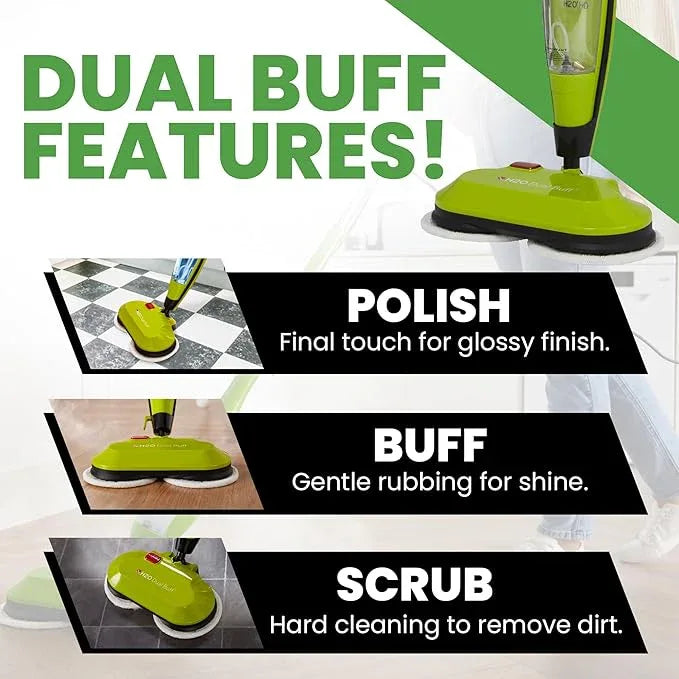 H2O HD Dual Buff Steam Mop, 8 in 1 Handheld Steam Cleaner For Kitchen Tile Floors, Hardwood Floors, Grout Cleaner, Upholstery Cleaner and Carpets, 2 washable scrub pads, 8 cleaning accessories - NeatNest