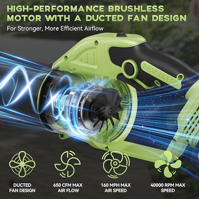 Cordless Leaf Blower - 650 CFM Brushless Electric Leaf Blower with 2 x 6.0Ah Batteries & Fast Charger, 2 Speed Modes, Battery Powered Leaf Blowers for Lawn Care, Patio, Dust, Snow Care (Light Green) - NeatNest