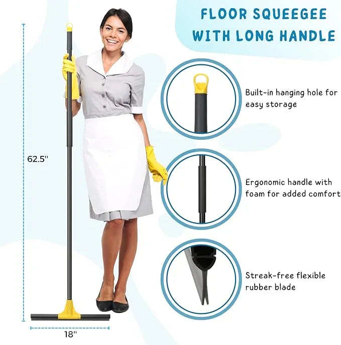 Squeegee Broom for Floor, 18'' Heavy Duty Rubber Wiper with 60'' Long Handle for Bathroom Tile, Garage Concrete, Deck, Shower Glass, Window Cleaning - NeatNest
