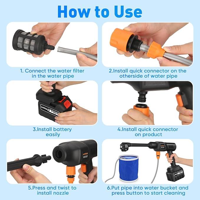 Portable Cordless Pressure Washer, 600 PSI 3.0Ah Rechargeable Battery Powered Pressure Washer, 6-in-1 Nozzle with Standard Nozzle for Car Floor Wall Fence Cleaning, Pet Cleaning - NeatNest