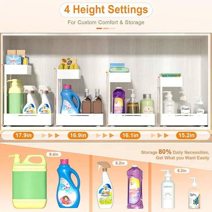 YJHome 1 Pack Expandable Under Sink Organizer, 2 Tier Pull Out Cabinet Organizer with Smooth Ball Bearing Slides, Adjustable Height Cabinet Storage Shelves for Kitchen, Bathroom, Laundry, Pantry - NeatNest