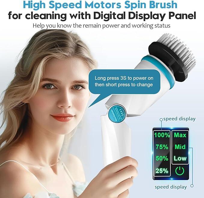 1500RPM Electric Spin Scrubber, 8 Brush Heads Electric Scrubber for Cleaning, Shower Scrubber with Long Handle and Two Battery, High Power Scrubber with Display for Bathroom/Tub/Floor - NeatNest