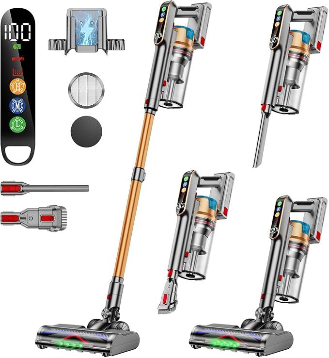 Cordless Vacuum Cleaner, 600W/50KPA/65Mins Vacuum Cleaners for Home, Super 1.8L Cup& Large LED Screen Stick Vacuum Anti-Tangle, Lightweight Cordless Vacuum with Charging Dock for Pet Hair/Carpet/Floor - NeatNest