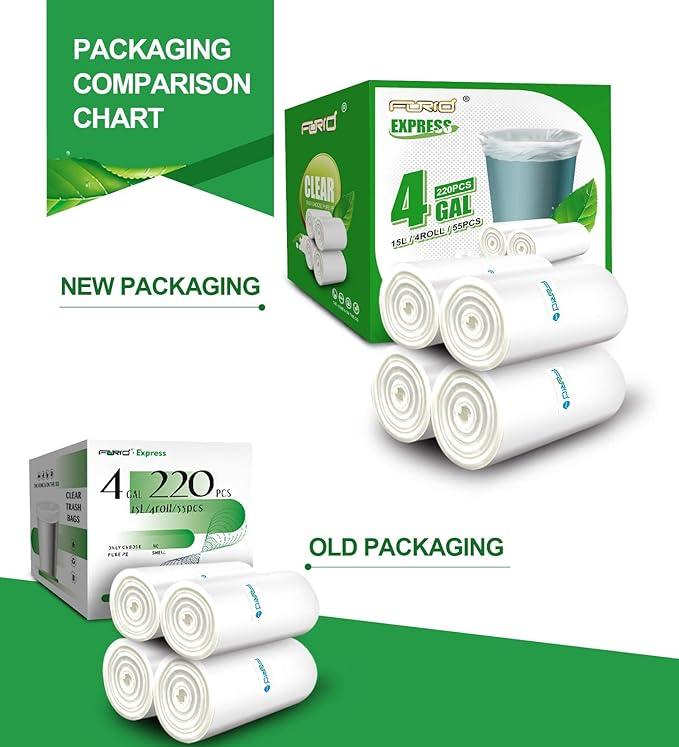 FORID Clear Small Trash Bags, 4 Gallon Garbage Bags, Wastebasket Bin Liners 220 Count Plastic Trash Bags for Bathroom Bedroom Office Garbage Can 15 Liters - Durable & Thick Trash Bag - NeatNest