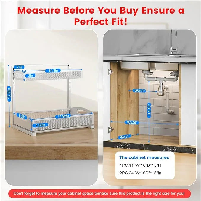 Metal Under Sink Organizer, Pull Out Cabinet Organizer Rack with Silk-Smooth Bottom Drawer, 5-Level Adjustable, Multi-Purpose Storage Shelf for Bathroom, Kitchen, Vanity, Pantry (2-Pack) - NeatNest