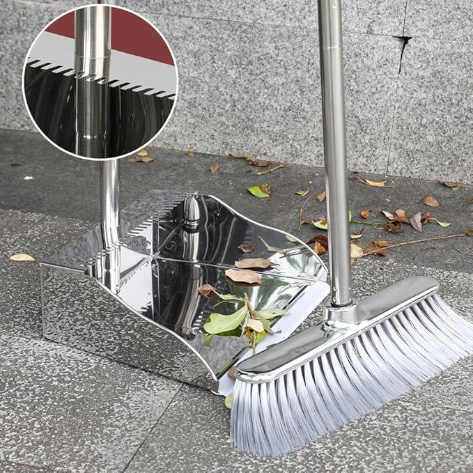 Metal Dustpan with Broom Set, Long Handle Stainless Steel Dustpan,Heavy Duty Standing Dust Pan with Teeth, Indoor Outdoor Up for Home Kitchen Lobby Room Office - NeatNest