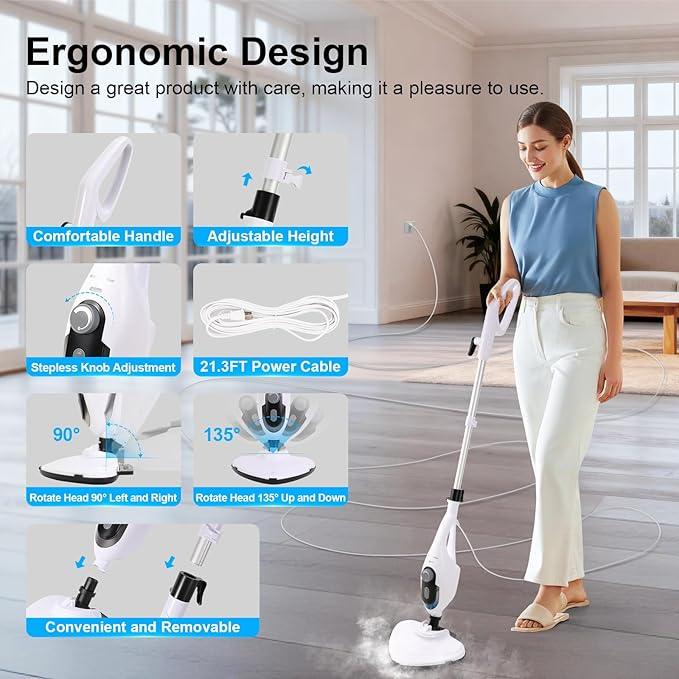 11-in-1 Steam Mop, 1550W Powerful Handheld Steam Cleaner, 260°F Multi-Functional Floor Steamer with 21.3FT Cord for Floors, Hardwood, Tiles, Grout, Windows, Kitchen, Bath, Adjustable (White) - NeatNest