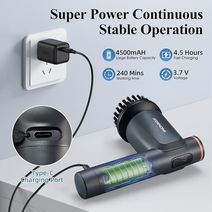 Electric Spin Scrubber, Bathroom Shower Scrubber with LCD Display, 2 Speeds Electric Scrubber for Cleaning with 6 Replaceable Heads, 4-Hour Runtime‌, Cleaning Brush for Kitchen/Car, Gray-Black - NeatNest