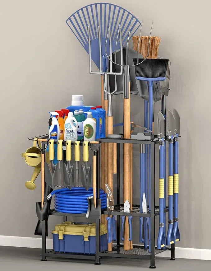 Garden Tool Organizer, Metal Yard Tool Organizer,Holds 70 Long-Handled Tools/Rakes/Brooms,Side Garden Pocket,Heavy Duty Steel Yard Tool Storage Rack for Garage,Shed, Outdoor(Black-Large) - NeatNest