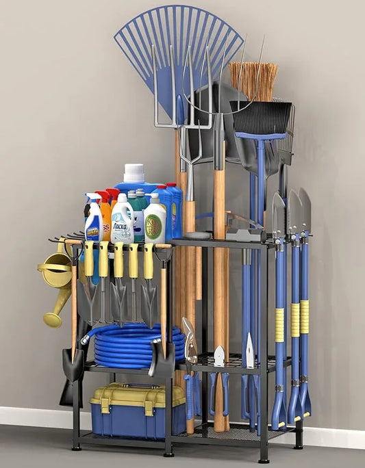 Garden Tool Organizer, Metal Yard Tool Organizer,Holds 70 Long-Handled Tools/Rakes/Brooms,Side Garden Pocket,Heavy Duty Steel Yard Tool Storage Rack for Garage,Shed, Outdoor(Black-Large) - NeatNest