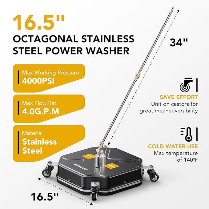 EVEAGE 16.5" Pressure Washer Surface Cleaner - Stainless Steel Power Washer Surface Cleaner with 4 Wheels & 2 Extension Wands, 4000PSI Power Washer Accessories Attachment - NeatNest