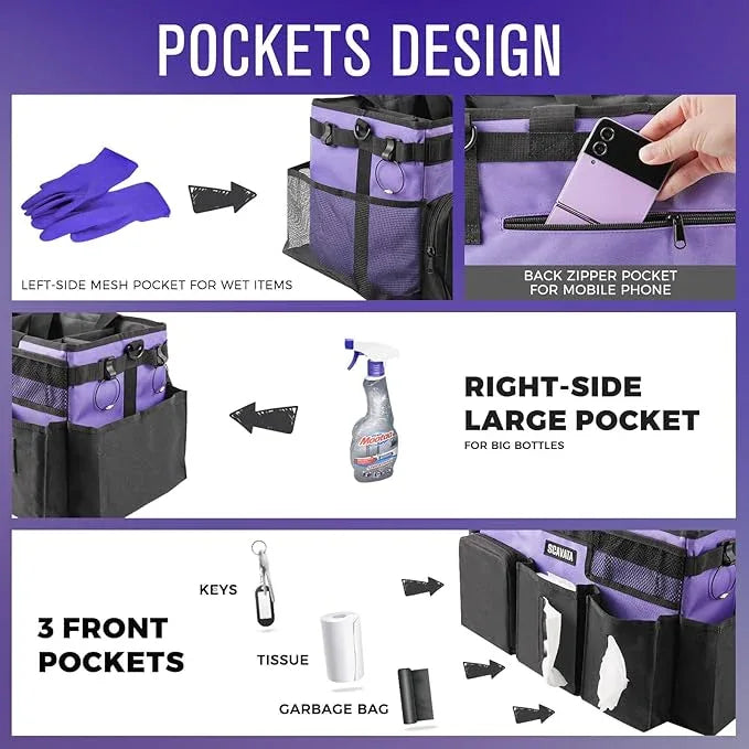 Wearable Cleaning Caddy Bag, Cleaning Caddy Supplies Organizer with Handle & Shoulder Straps for Housekeepers, Under Sink & Car Cleaning Tool Organizers with 4 Foldable Divider (Purple) - NeatNest