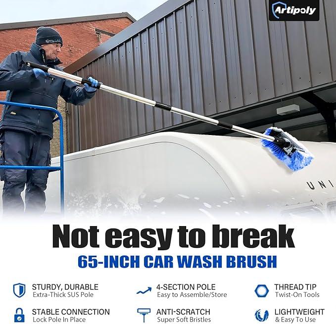 ARTIPOLY 65'' Five-Sided Car Wash Brush with Long Handle, Scratch-Free Car Cleaning Kit with Soft Wash Brush, Tire Brush, Window Squeegee, Car Wash Mitt, Microfiber Cleaning Head & Extension Pole - NeatNest