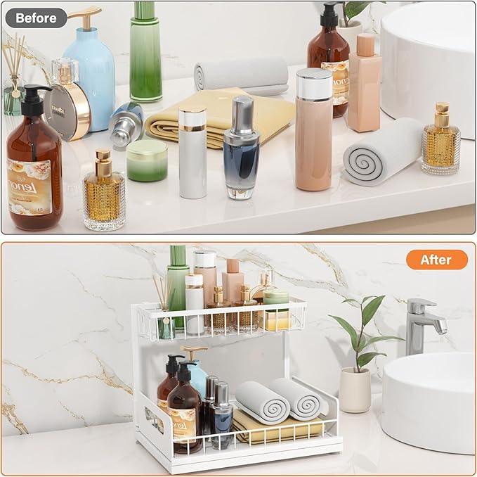 2 Pack Under Sink Organizer, 2 Tier Pull Out Cabinet Organizer,Slide out Metal Cabinet Organizers Multi-Purpose Drawer Shelf for Kitchen Bathroom Pantry Cabinet Closet Organization Rack,White - NeatNest