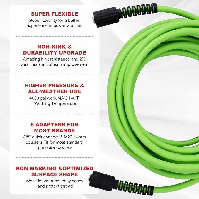 Pressure Washer Hose 50 FT 1/4”, 4000 PSI Kink Resistant High Pressure Replacement Hose M22 14mm Thread, Flexible Extension Hose with 3/8 Quick Connect Adapters for Power Washing - NeatNest