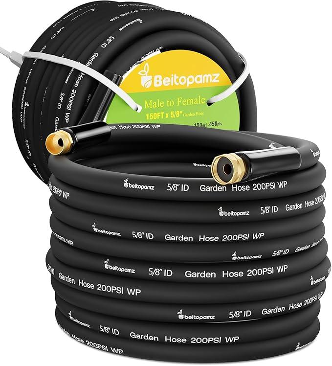 150 ft Garden Hose, 5/8 in Heavy Duty Water Hose, Flexible and Durable, Lightweight Rubber Hybrid Hose, Leak-Free Connections, Male to Female Fittings, BT150B, Black - NeatNest