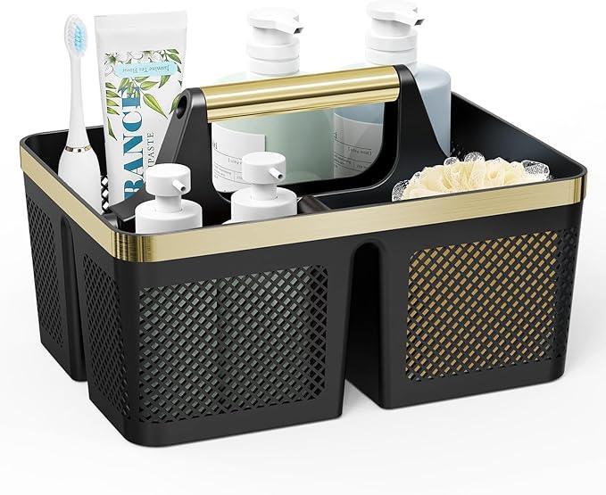 Shower Caddy Dorm Men: Plastic Bathroom Caddy Organizer with Handle and Holes, Bath Caddy for College Dorm, Portable Shower Basket Tote for Toiletry, Travel, GYM, Camp Essentials Black/Gold - NeatNest