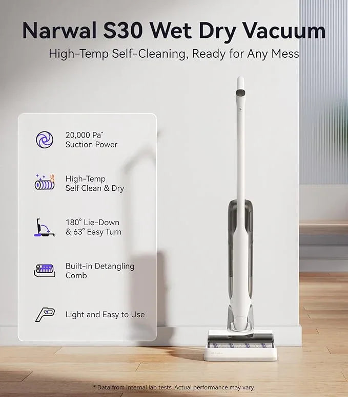 NARWAL S30 Wet Dry Vacuum Cleaner with 20000Pa Suction, 176°F Self-Cleaning, Heated Drying, Disposable Waste Bag, Tangle-Free, Cordless Vacuum Mop for Hard Floors & Edge Cleaning, Easy to Use - NeatNest