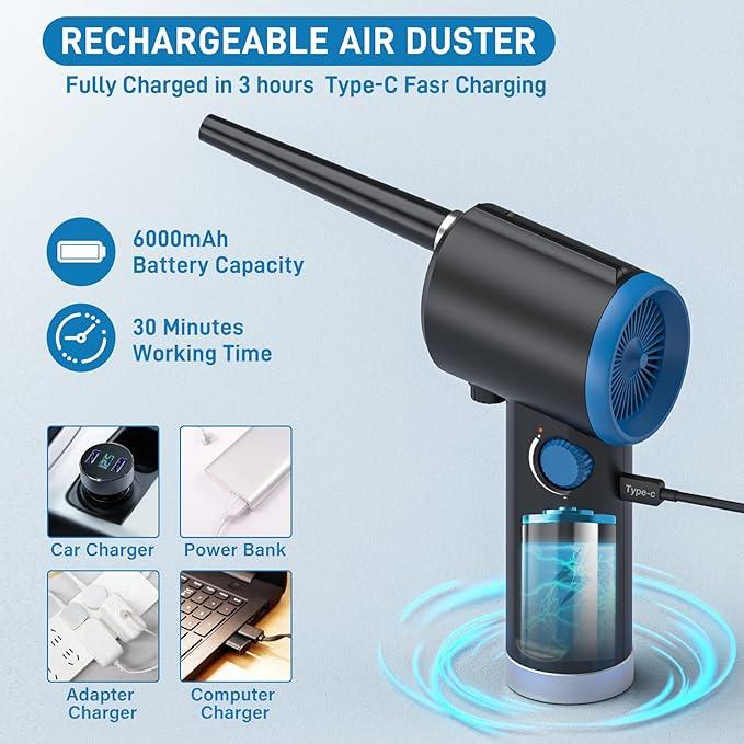 ATEngeus Compressed Air Duster, Electric Air Duster, Cordless Air Duster for Computer, Stepless Speed, Keyboard Cleaner, Replace Canned Air, Brushless Motor, 6000mAh - NeatNest