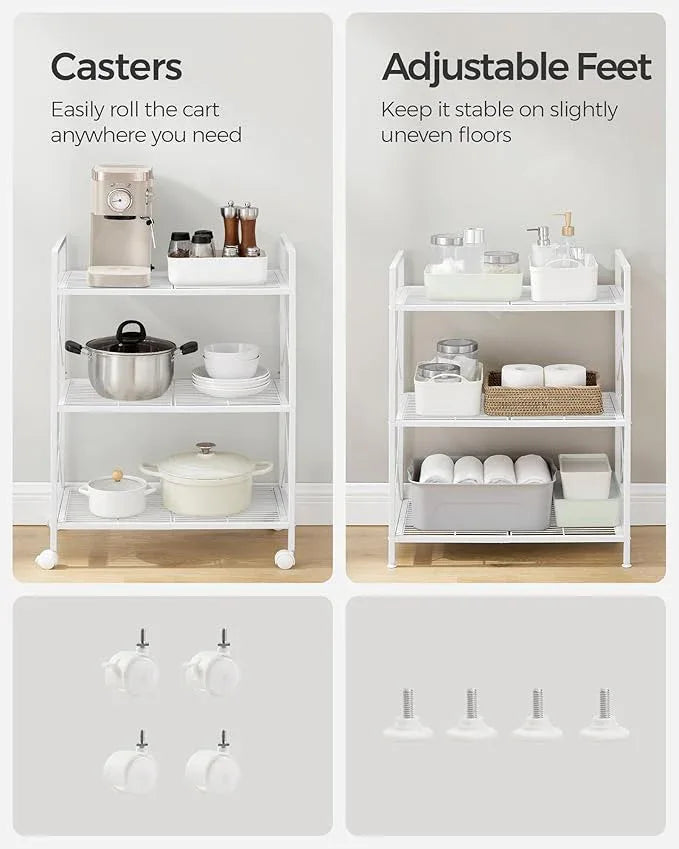 SONGMICS 3-Tier Metal Storage Rack with Wheels, Mesh Shelving Unit with X Side Frames, 23.6-Inch Width, for Entryway, Kitchen, Living Room, Bathroom, Industrial Style, White UBSC163W01 - NeatNest