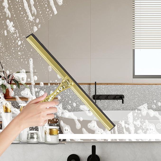 All-Purpose Silicone Shower Squeegee for Shower Glass Door,with 1 Hooks,for Bathroom Glass, Car, Tile Wall, Mirror Cleaning - Flower Shaped Handle for Easy-Grip 10 Inch Golden - NeatNest